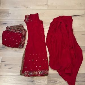 Women’s Indian 3 Piece Red Silk Sequin Top & Pants w Matching Wrap-Large